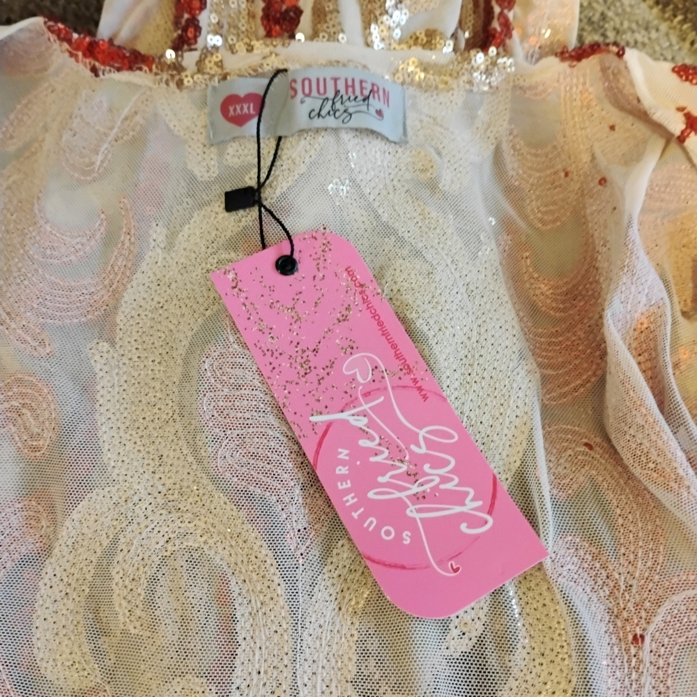 Southern Fried Chics Women's Size XXXL Red & Gold Sequin Duster Kimono - Picture 7 of 8